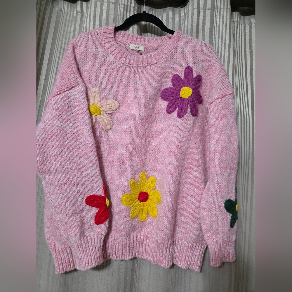 Easel Pink Sweater with Colorful Floral Accents